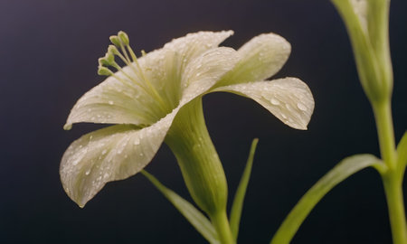 White lily flower with dew drops on black background, close upの写真素材