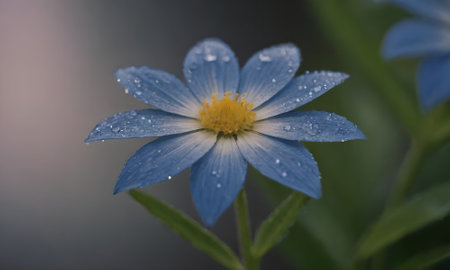 Blue flower with water droplets on petals, close-upの写真素材