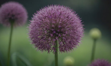 Close up of a purple allium flower in bloom with blurred backgroundの写真素材