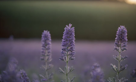 Lavender flowers at sunset in the summer. Soft focus.の写真素材