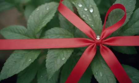 Red satin ribbon bow with water drops on green leaves background.の写真素材