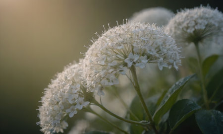 Close up of white flowers in the garden in the evening light.の写真素材