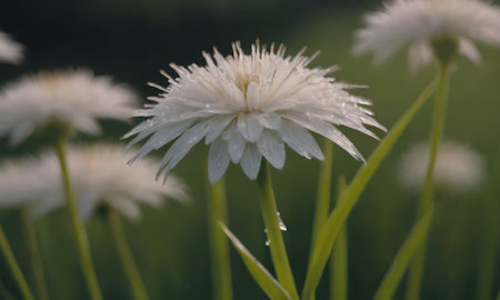 White daisies with raindrops on the petals in the gardenの写真素材