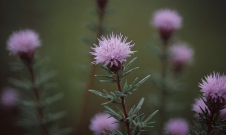 Flowering purple thistle in the garden. Shallow depth of field.の写真素材