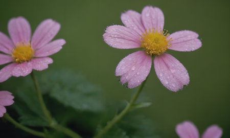 pink flowers with water droplets on petals on green backgroundの写真素材