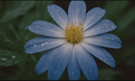 Blue flower with raindrops on petals, close-up.の写真素材