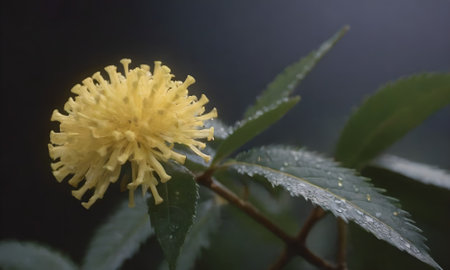Yellow flower with water droplets on the leaves of the plant.の写真素材