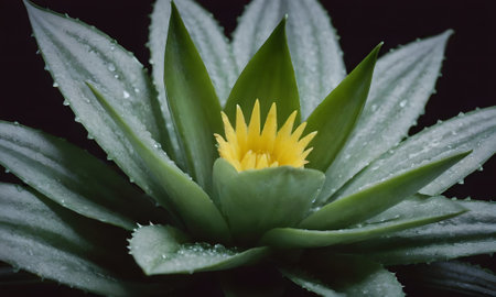 Bromeliad plant with yellow flower in the pot with water drops