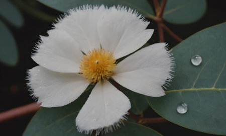 White flower with water droplets on the petals and green leavesの写真素材
