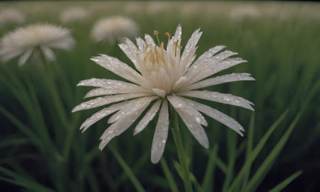 White flower with raindrops on the green grass. Close-up.の写真素材