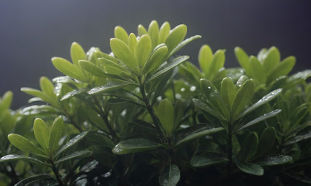 Green leaves with water droplets on the surface of the plant.の写真素材