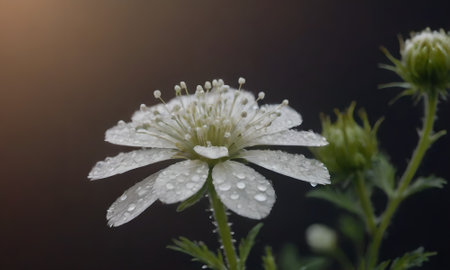 White flower with water drops on dark background. Shallow depth of field.の写真素材