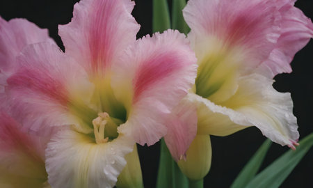 Close up of pink and white gladiolus flowers on black backgroundの写真素材