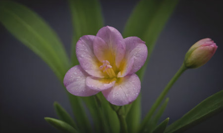 Purple freesia flower with water droplets on petalsの写真素材