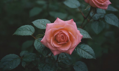 Beautiful pink rose in the garden. Vintage style. Selective focus.の写真素材
