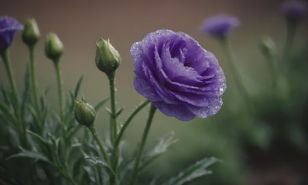 Purple flowers with water drops on the petals in the gardenの写真素材
