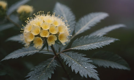 Flowering bush with yellow flowers on a blurred background of green leavesの写真素材