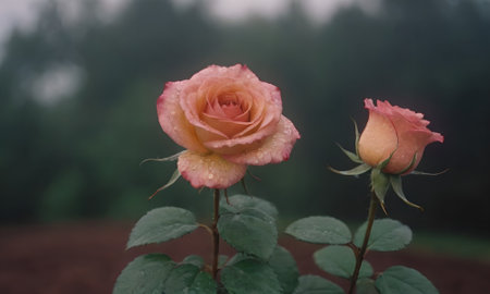 Beautiful roses in the garden on a foggy summer morning.の写真素材