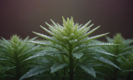 Plant with water droplets on the leaves and buds