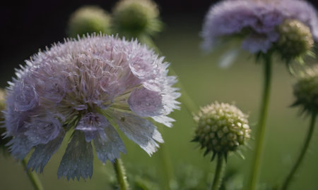 Flowering scabiosa with water drops on petalsの写真素材