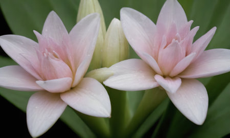 Pink and white flower with green leaf background,Ginger Lily.の写真素材