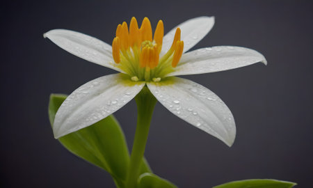 White flower with water droplets on the petals on a dark backgroundの写真素材