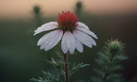 Aster flower with drops of dew on a green background.の写真素材