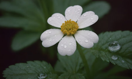 Beautiful white flower with raindrops in the garden after the rainの写真素材
