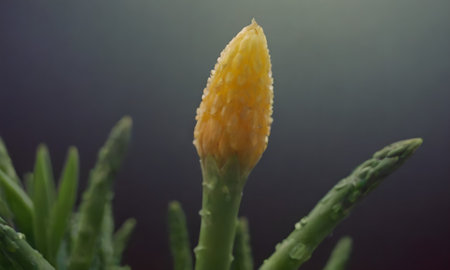 Yellow flower with water droplets on a green asparagus plantの写真素材