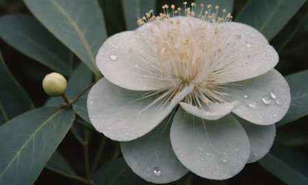 Camellia japonica flower with water droplets on petalsの写真素材