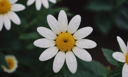 White daisy flower with water drops on petals in the gardenの写真素材