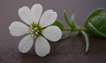 Small white flower with water droplets on the petals on a dark backgroundの写真素材