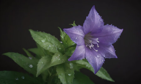 Purple bellflower with water drops on black background, close upの写真素材