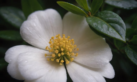 White flower with water droplets on the petals and green leavesの写真素材