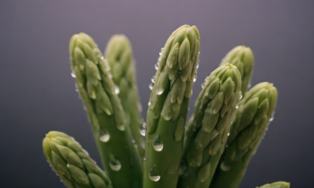 Close up of a green asparagus plant with water dropletsの写真素材