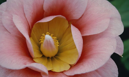 Close up of pink camellia flower with yellow stamensの写真素材