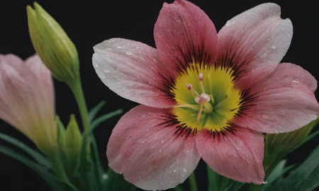 pink alstroemeria flower with water drops on black background