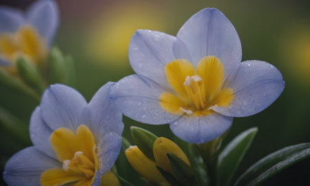 Crocus flowers with raindrops, close-up, soft focusの写真素材