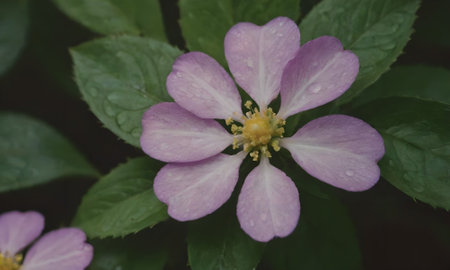 Purple flower with water drops on the petals, close upの写真素材