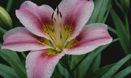 Pink lily flower with raindrops on the petals and green leavesの写真素材
