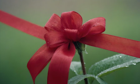 Red bow on a green background. Shallow depth of field.の写真素材