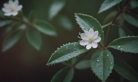 White flowers with raindrops on the leaves of a shrub.の写真素材
