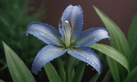 Beautiful blue lily flower with raindrops on the petals