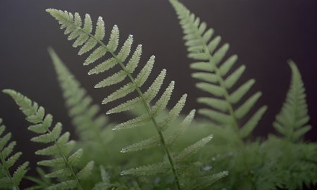 Green fern leaves on a dark background. Shallow depth of field.の写真素材