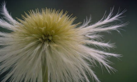 Close up of a white dandelion flower on a green backgroundの写真素材