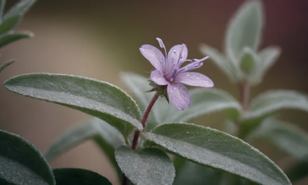 Purple flower with water drops on the petals and green leavesの写真素材