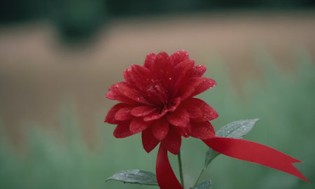 Red dahlia flower with red ribbon on a green grass backgroundの写真素材