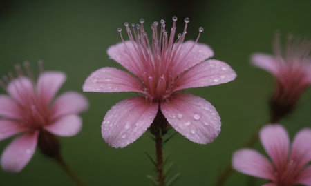 Pink flower with water droplets on the petals after rain.の写真素材