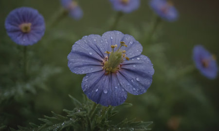 Raindrops on a blue flower in the garden, close-upの写真素材
