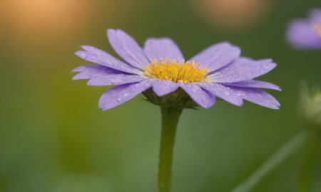 Purple daisy flower with water droplets on the petalsの写真素材